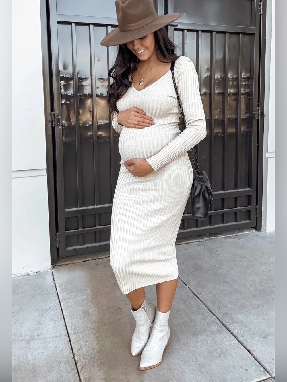 Pinkblush Ribbed V‑Neck Long Sleeve Maternity Dress - Beige